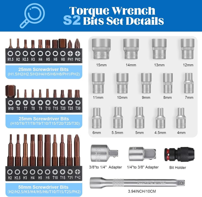 SUERCUP 1/4" 50 PCS Torque Wrench Set, 3-25Nm 72 Tooth Drive Click Torque Wrench Set with S2 Bit Sockets, 1/4" Extension Bar and 3/8" Adapter, Used for Bicycle Maintenance and DIY - Image 2